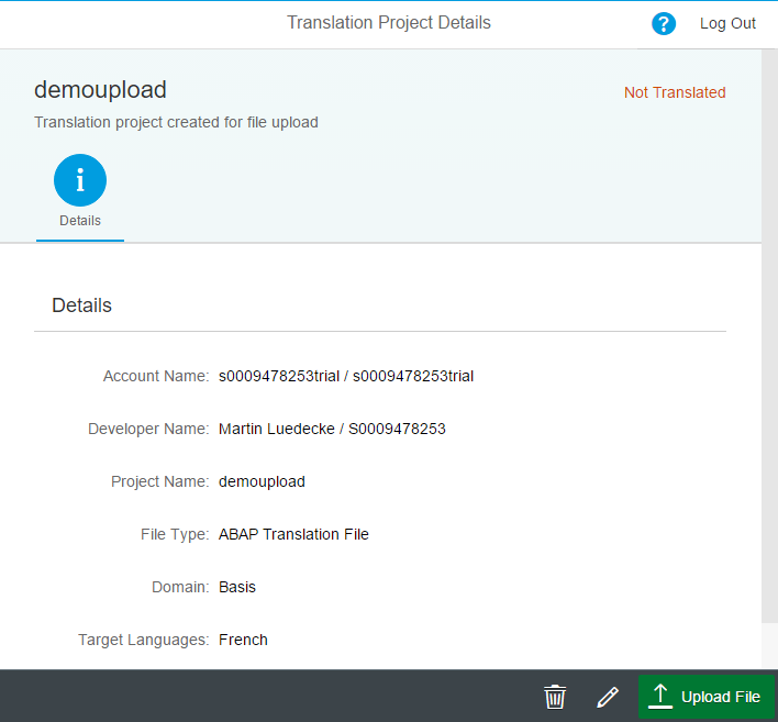 Benutzeroberfläche beim Upload in SAP Translation Hub